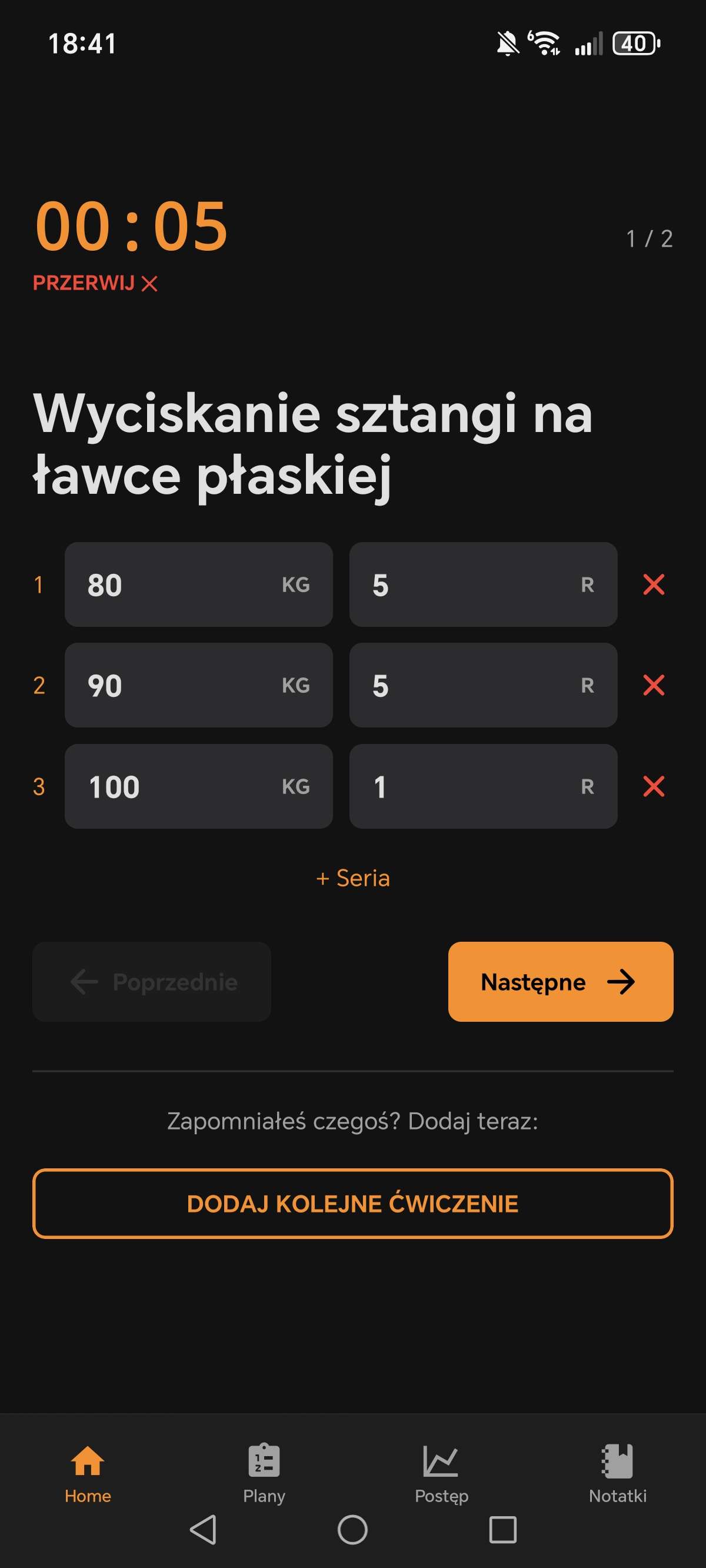 Ekran treningowy ŁatwyProgres - aktywny trening