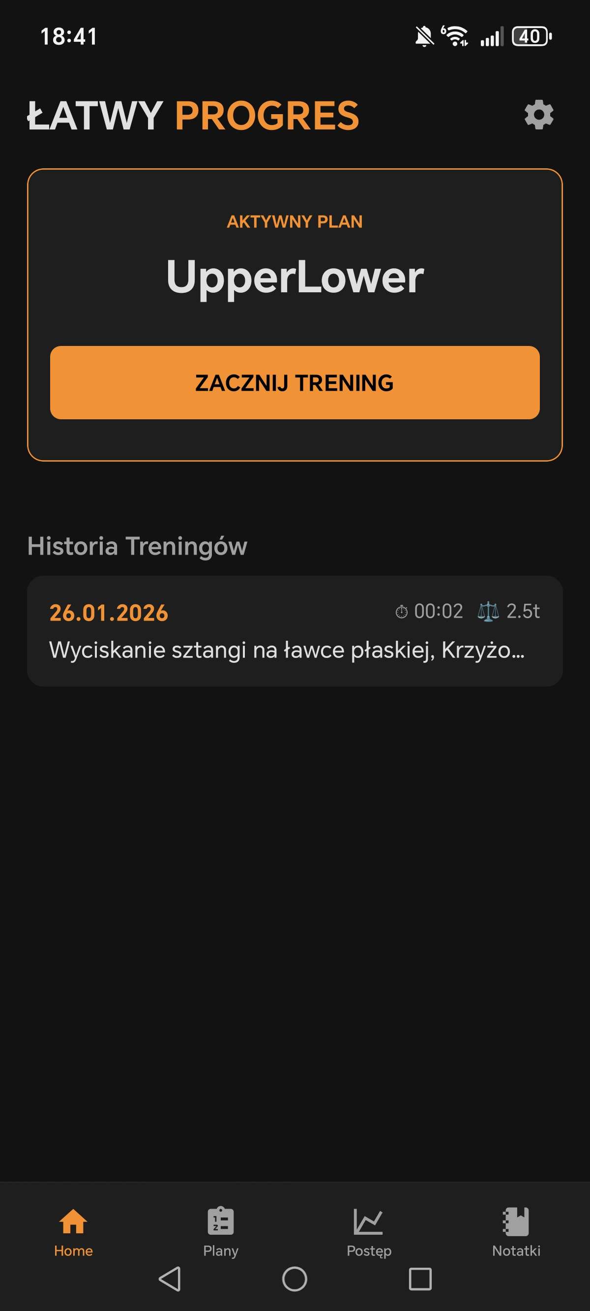 Ekran główny ŁatwyProgres z planem treningowym
